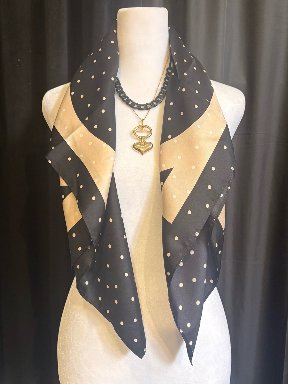 Ann Taylor Black and Beige Polka Dot Silk Scarf